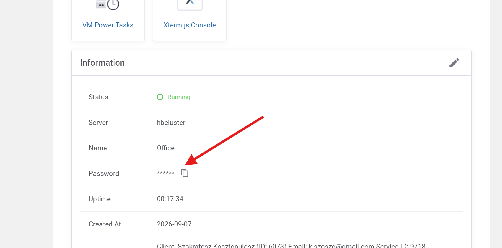 A hostingbazis vezérlőpult Information panelje: Status Running, Name Office, és a Password mezőnél egy másolás ikon, amire egy piros nyíl mutat.